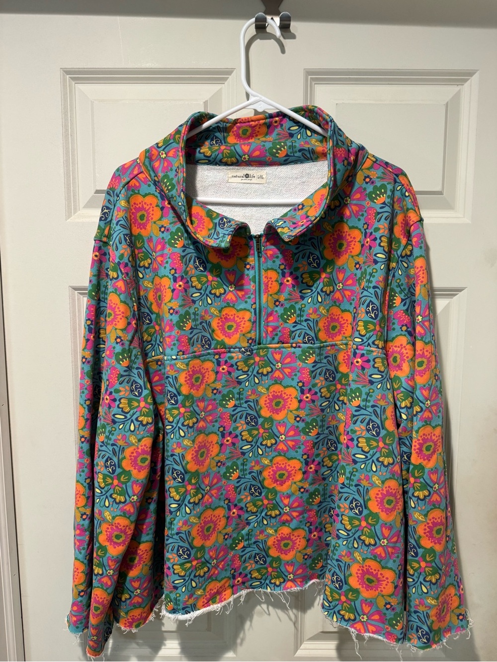 NATURAL LIFE Teal Floral Quarter-Zip Pullover